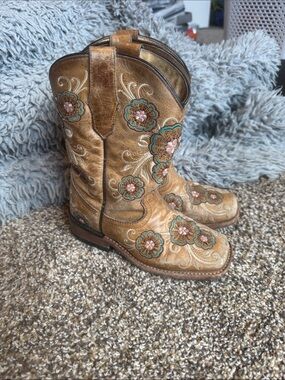 Kids Brown Embroidered Flower Western Boots